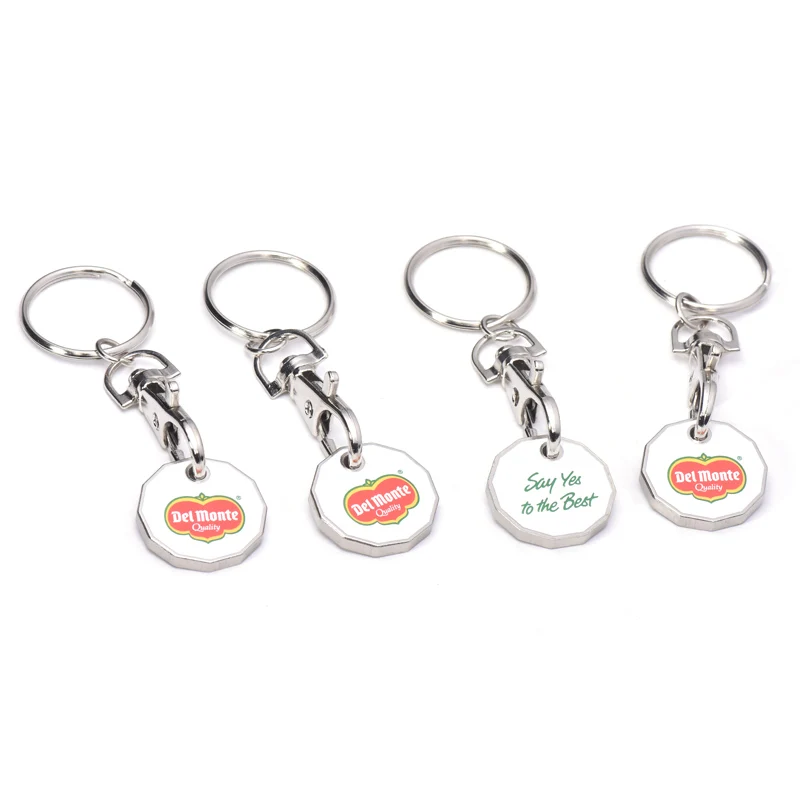 Embossed Stamping Metal Pound Holder Keyring Trolley With Logo Locks Euro Shopping Cart Coin Keychain
