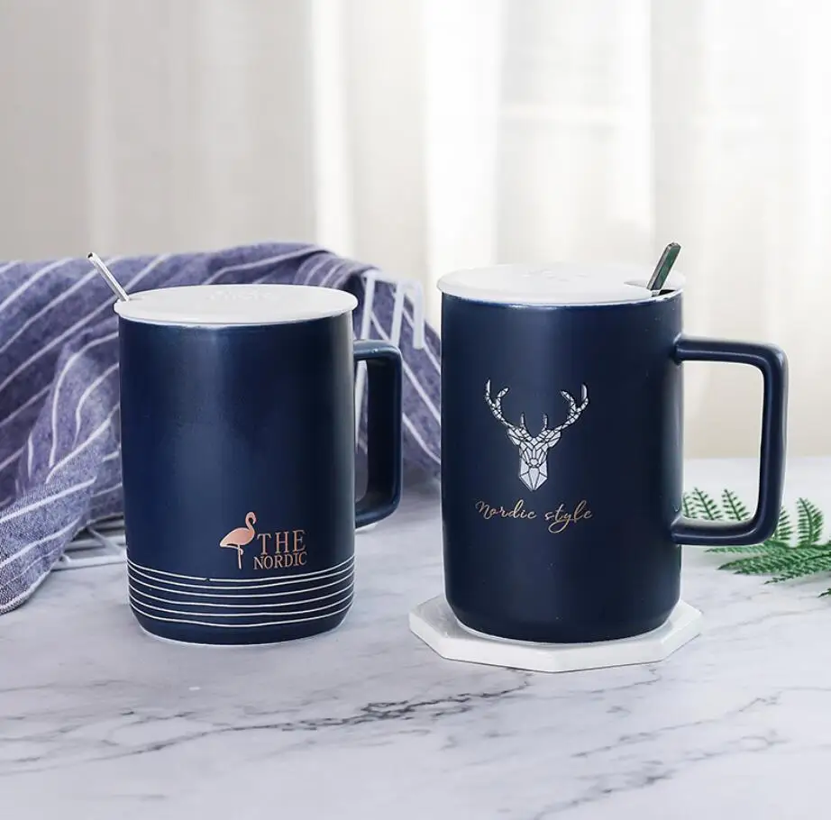 Nordic Porcelain Mug Nordic style matte blue ceramic coffee cup with lids