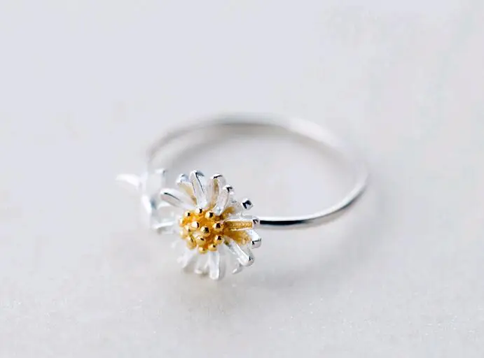 SR104-009 Halo simple open size elegant style gold daisy flower 925 sterling silver rings