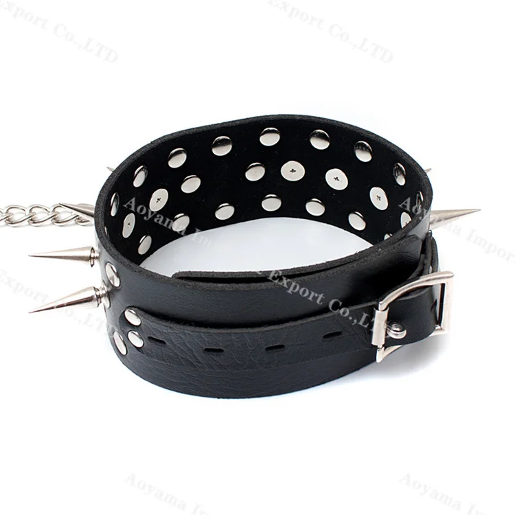 Black Leather Rivet Collar Slave Fantasy Fetish BDSM Gear Bondage Neck Strap Sex Product
