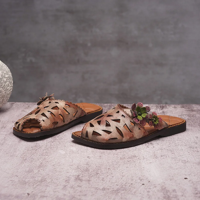 
New floral flower pattern hollow out fish mouth genuine leather comfortable casual sandal slipper for woman lady girl summer 