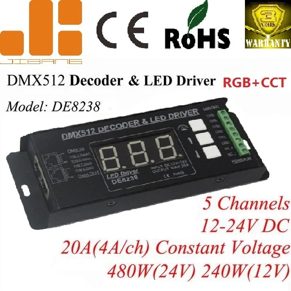 RGB+CCT 5CH Digital Tube Display DC12-24V Constant Voltage LED DMX512 DecoderDE8238