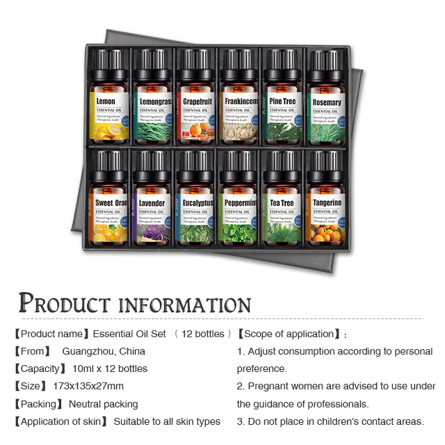 Kanho 100% Pure Natural Therapeutic Grade Essential Oil Set 12/10ml Aromatherapy Gift Set with Private Label OEM