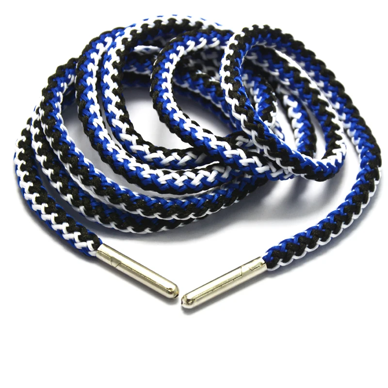 Factory price round braided 3 color jacquard nylon drawstring cord with metal tips for pants