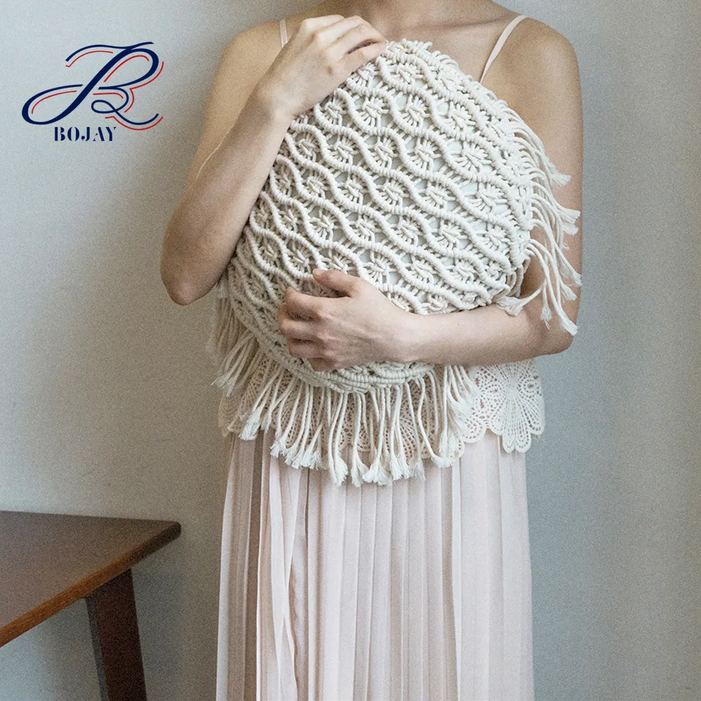 Solid Hand Knitting Lolita Crochet Throw Pillow Cover Cushions Macrame Trim Decoration Round Pillow Case Insert Included