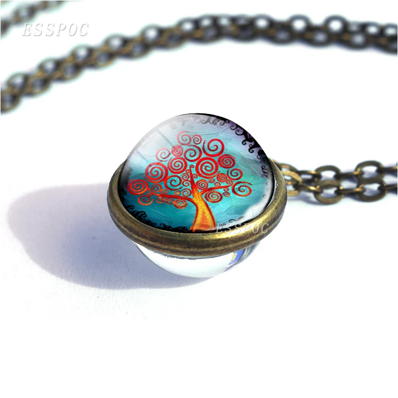 Tree Of Life Double Sided Glass Ball Necklace Fashion Pendant Jewelry Vintage Bronze Chain For Women men Accessories Gift