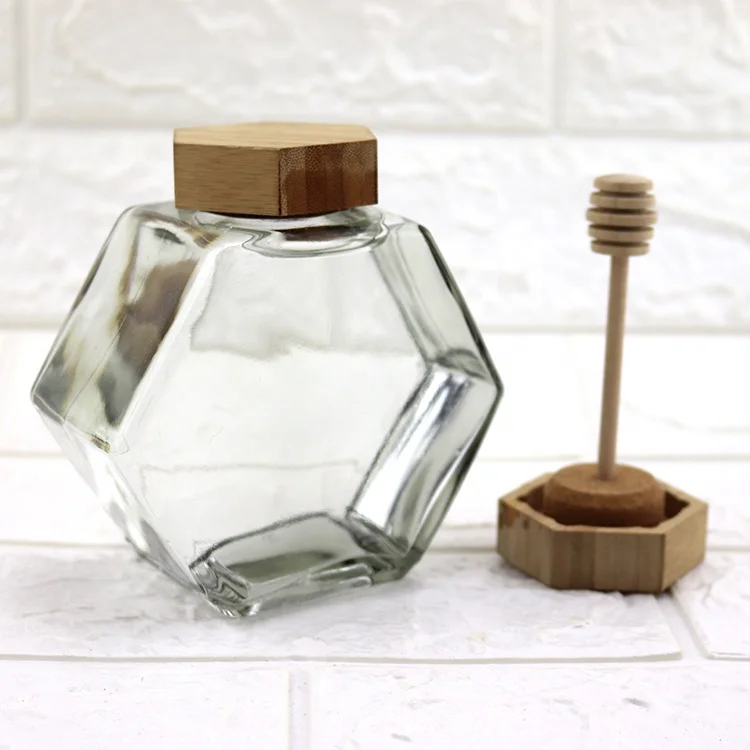 380mL 450mL 720mL Glass Jar with Cork 500g 1kg Hexagon Glass Honey Jar with Dipper