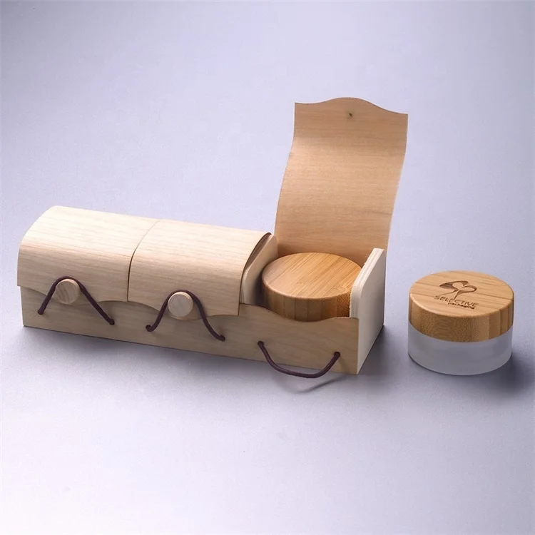 100g customize size glass Cream jar pack outer pack nature birch round wooden cream container