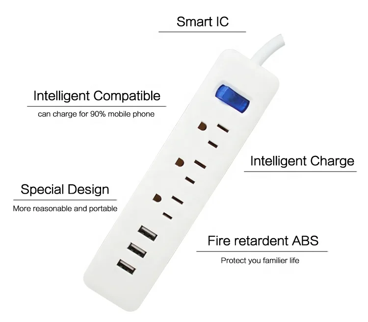 
Smart USB power strip outlet connector electrical power extension cord socket 