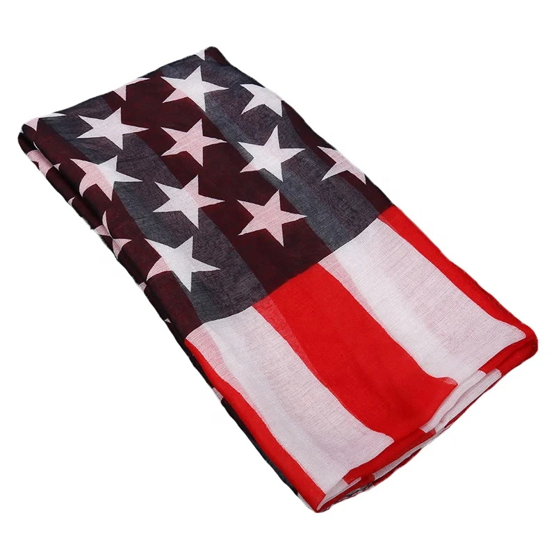 Wholesale Promotional Newest Fashion 100%polyester American Flag Print Scarf Women Soft Voile Stripes Stars Flag Printed Shawl