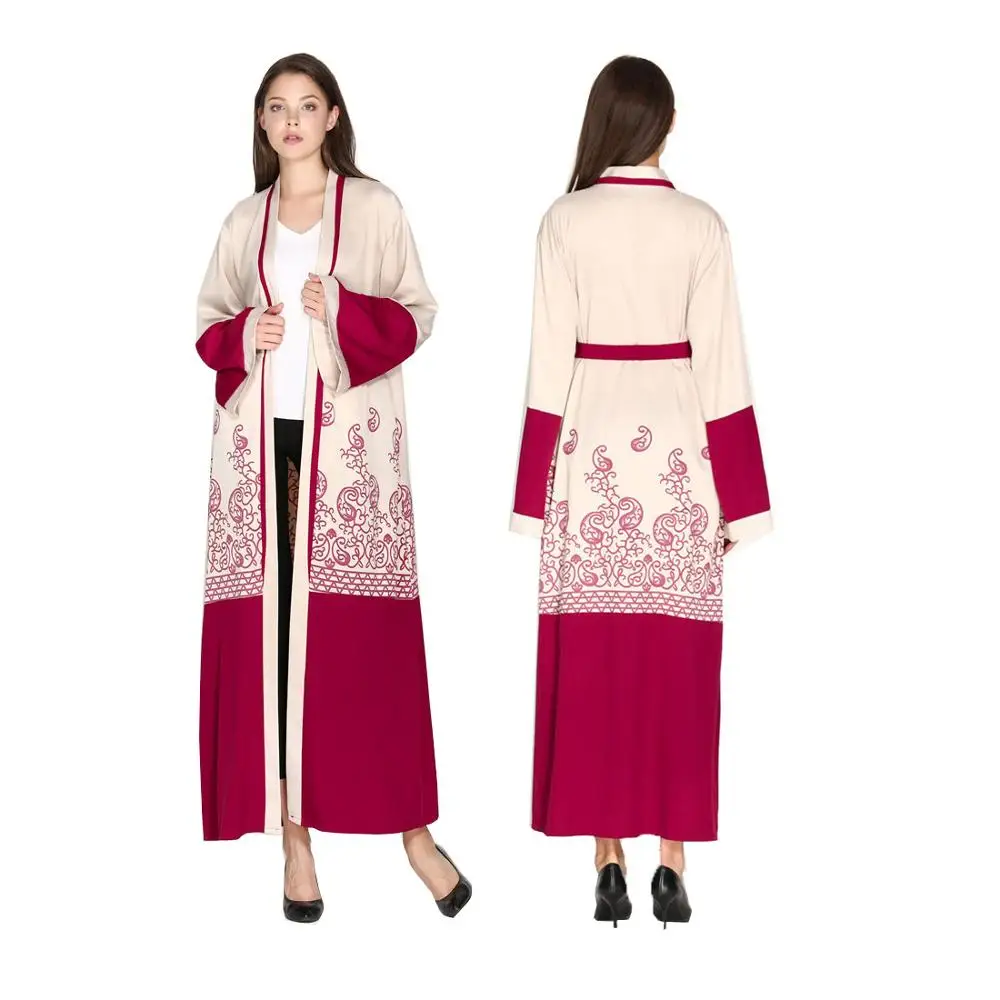 Indonesia Women Muslim Robes Printed Red Cardigan Beautiful Stitching Islamic Lace Slim Girl Dress with Hijab