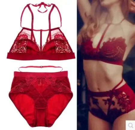 M953 Runwaylover 2016 ladies wine red lace transparent three-dimensional embroidery bralette set bra lingerie