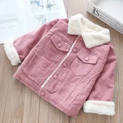 Оптовая продажа, детская зимняя одежда для девочек, вельветовое Детское пальто с карманами, зимняя одежда для маленьких девочек