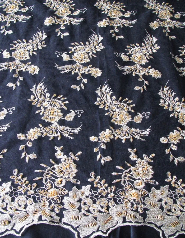 fancy beaded embroidery bridal laces fabrics, black and gold metallic thread hand embroidery net fabric