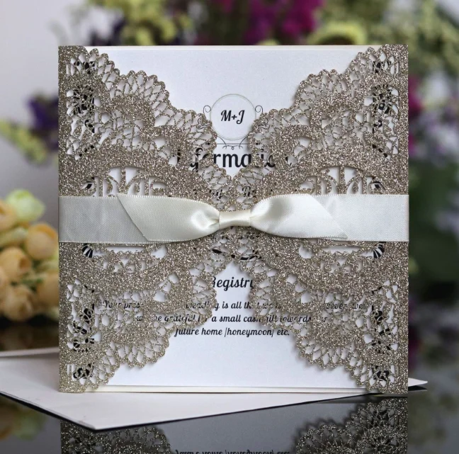 Beautiful wedding glitter invitation, laser hollowed box in pearl white