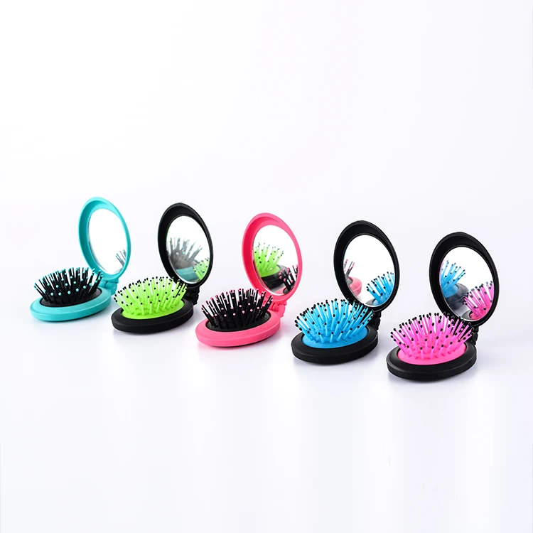 ABS plastic comb black cushion pocket round shape mirror hair brush foldable hairbrush with glass mirror