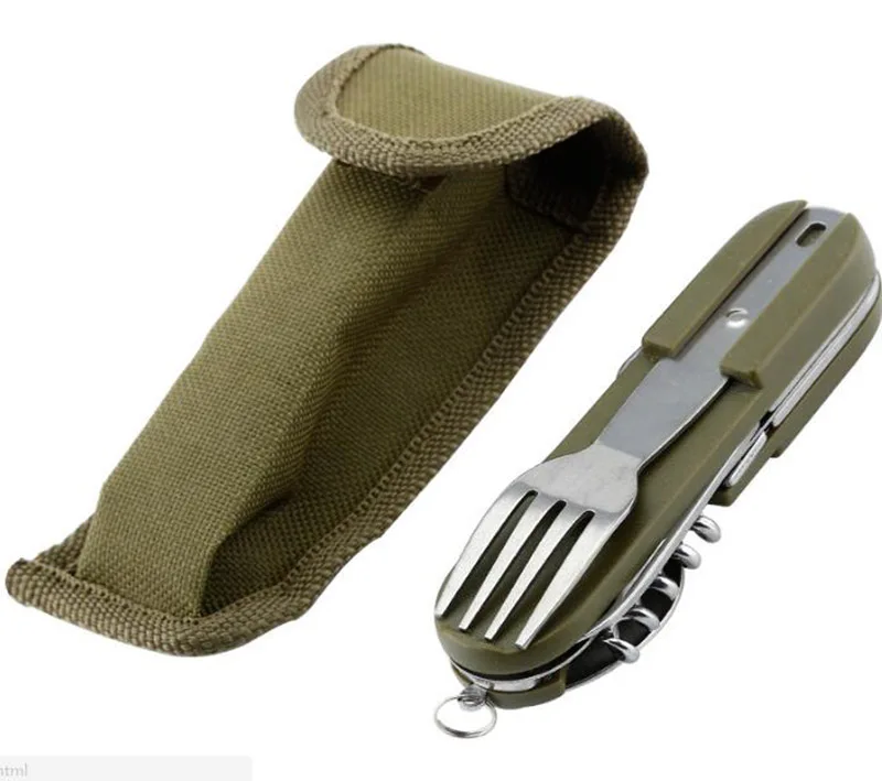 Outdoor multifunction foldable spoon fork blade can bottle opener camping picnic cutlery custom logo