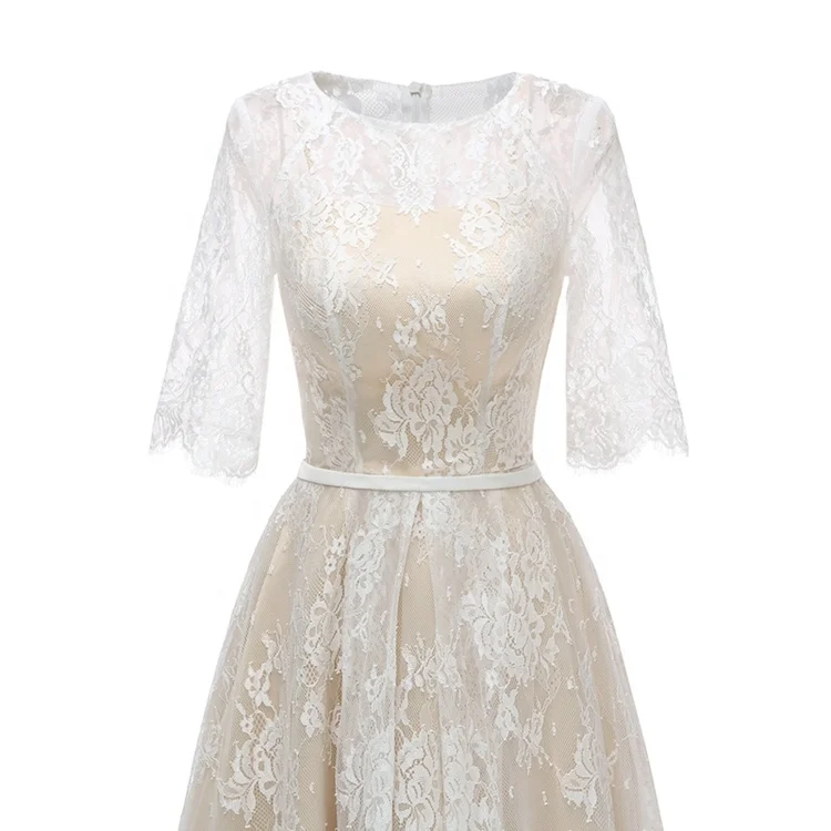 1617#Real PHOTOS Lace Half sleeve Tea-length A Line Vintage O-Neck Tea Length Bohemian Bridal Wedding gown vintage design