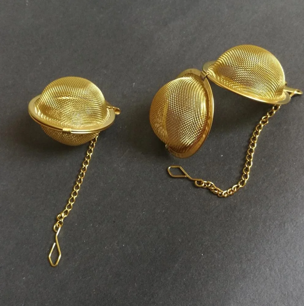 Gold Plated 304 Stainless Steel Tea Filter Basket Chain Link Tea Infuser Strainer with Tray