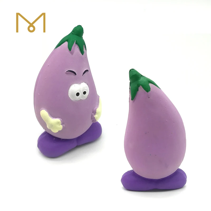 Manufacture squeaky light purple latex eggplant with pig nose dog toy