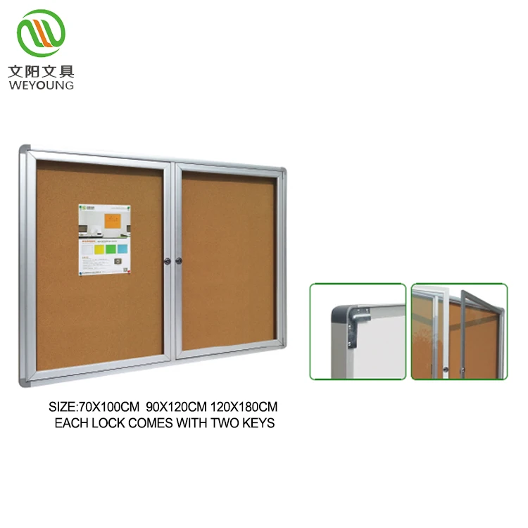
double door aluminum frame wall mount Bulletin Board Enclosed Cork Notice Board 