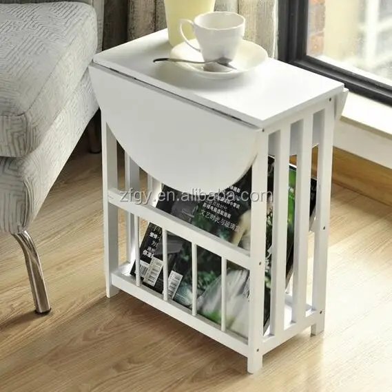 Folding wooden modern side coffee table with magazine rack