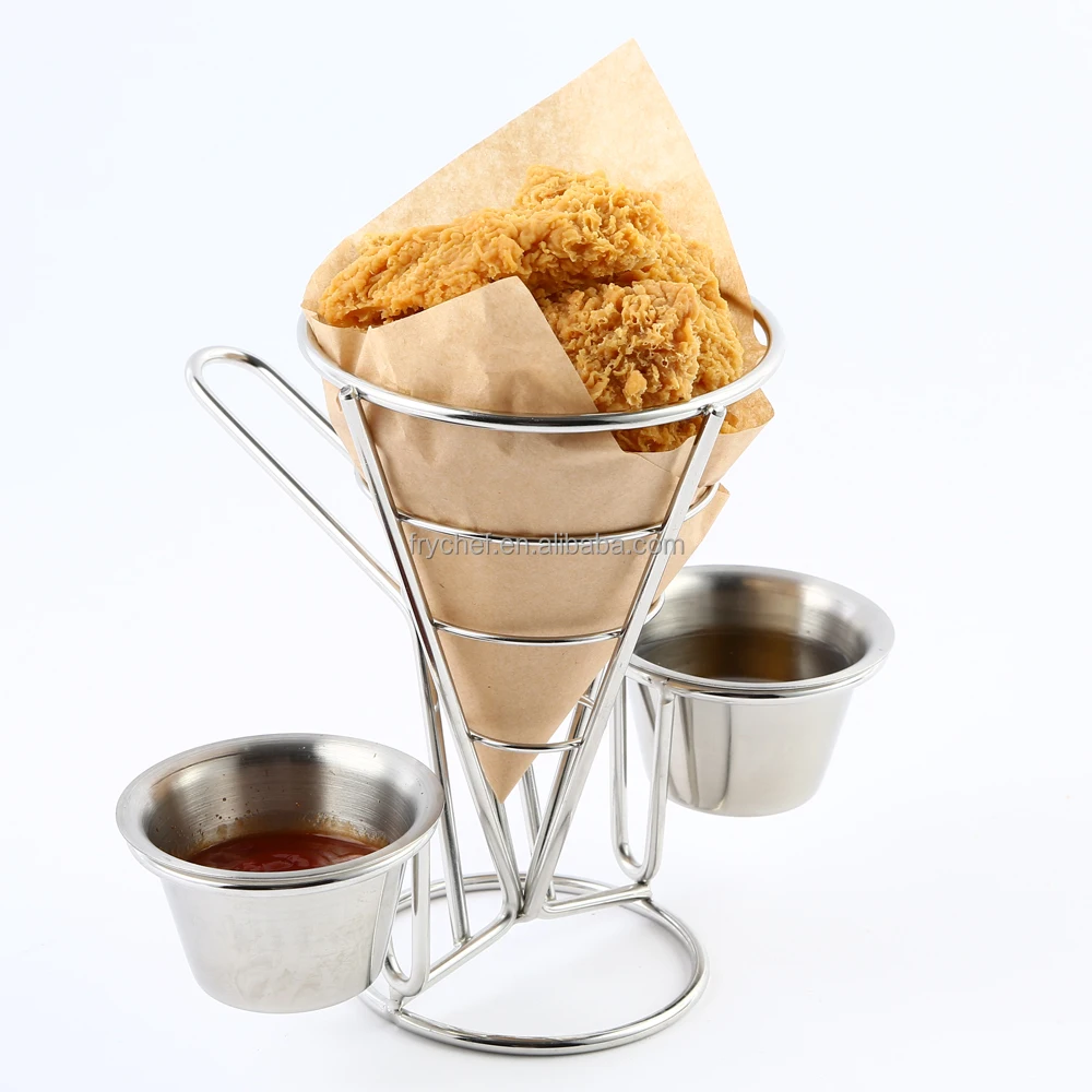 Chip and dip - stainless steel french fry cone holder & sauce cup, chip cone server & ramekin- fast food stand & condiment cup