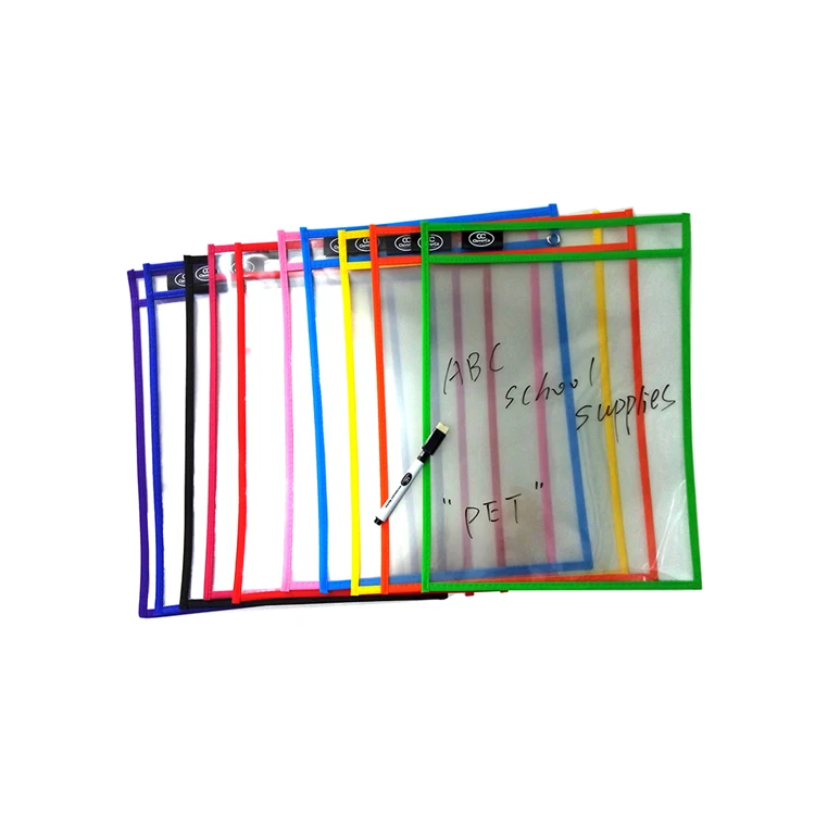 
Easy Wipe Dry Erase Pocket Sleeves Assorted Colors With Whiteboard Dry Erase Erasers And Markers 