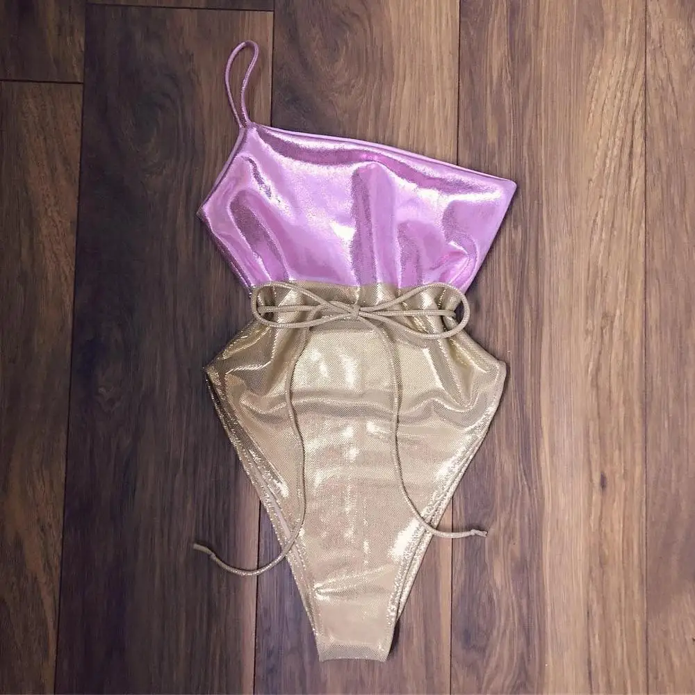 2019 One-shoulder Metallic Matching Swimwear Pink Glitter Bikini