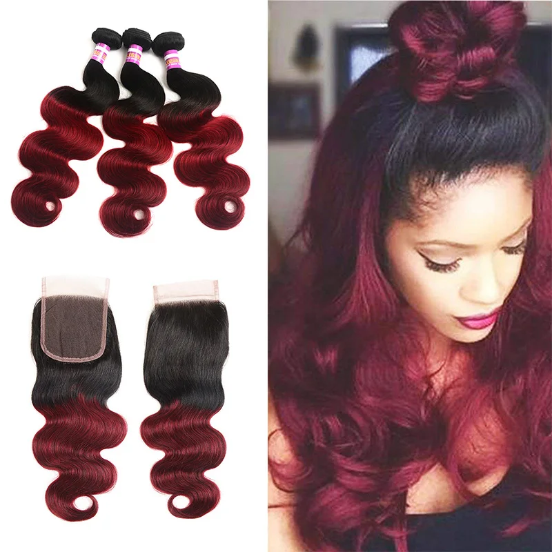 
Wholesale Ombre Human Hair 3 Bundles Burgundy Brazilian Two Tone Virgin Hair Weave with Lace Closure 