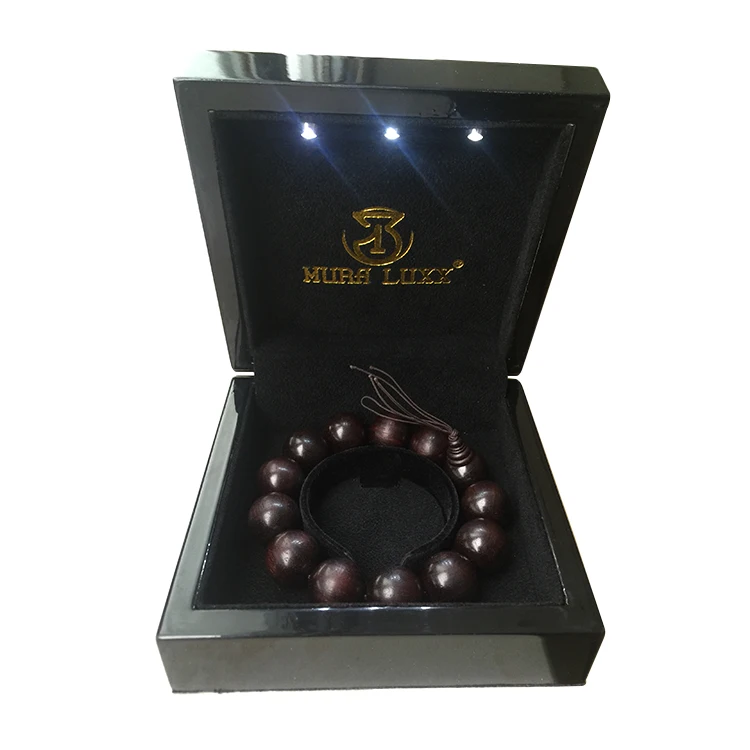 Luxury MDF Black varnish wooden jewellery wedding ring  lamp bracelet piano paint packaging jewelry box with LED light