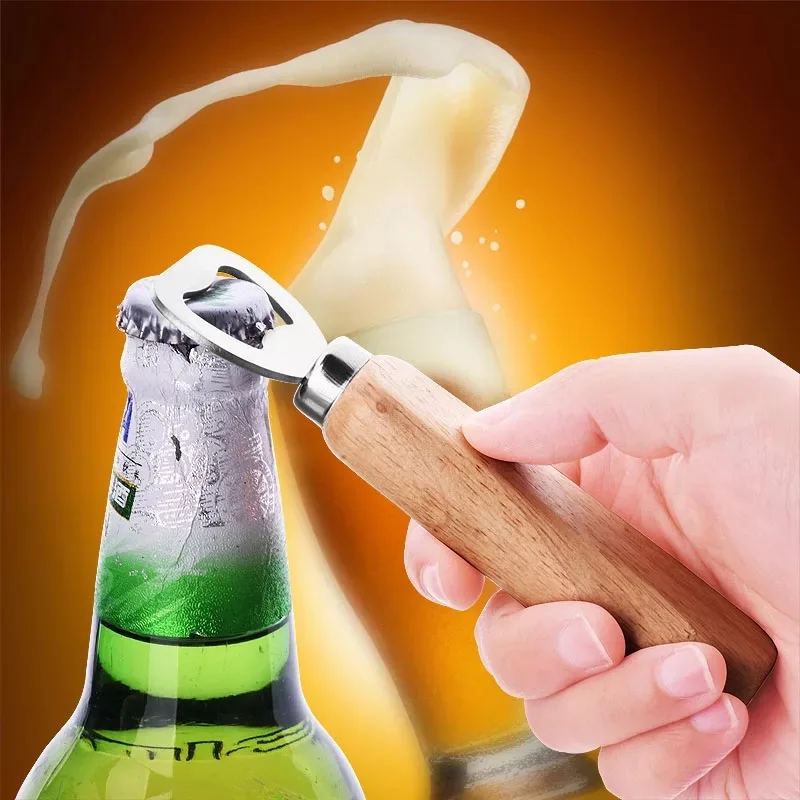 Оптовая продажа, выгравированный логотип на заказ, недорогая открывашка для бутылок с деревянной ручкой, для сока, пива, для домашнего бара