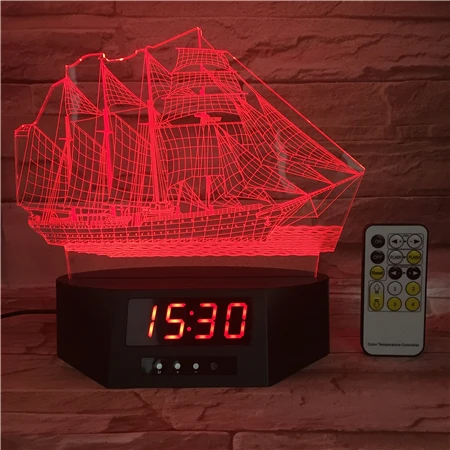 
Night Light 3D Acrylic 7 Color Change Remote Control Clock Calendar USB Sailboat Button Desk Lamp 