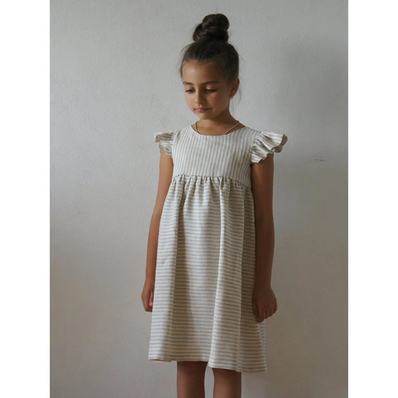 
Girl Summer Flutter Sleeve Dress Linen Tunic Dress White Grey Striped Baby Girls Party Wear Ruffle Princess Dress 