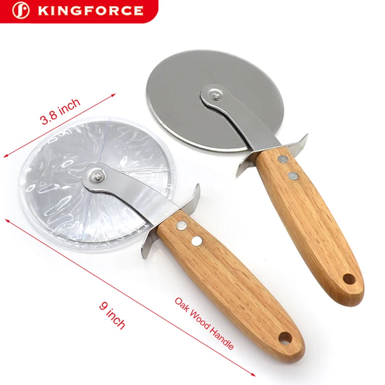 High quality 430 Stainless steel pizza cutter wheel wth Oak wooden handle/Pizza knife