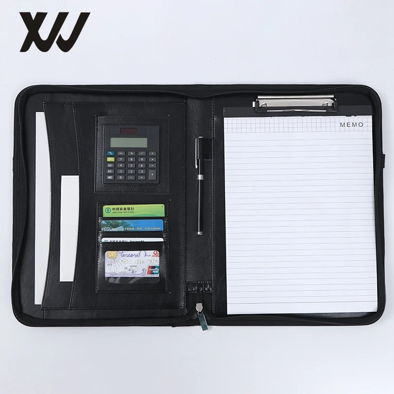 A4 luxury multifunction PU portfolio file case custom logo manager file folder with handle and zipper calculator