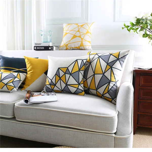Grey and yellow geometrical velvet printed cushion cover