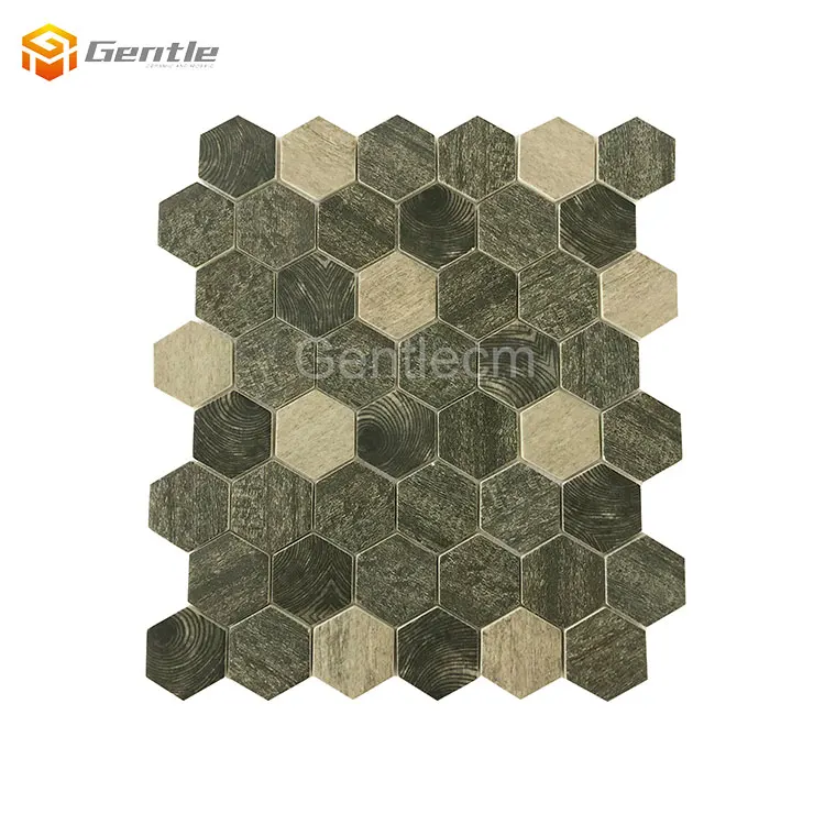 Floor tiles  wall decoration tile indoor mosaic 6mm inkjet  wood grain  hexagon shape  glass mosaic tile