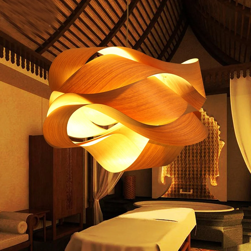 2019 DIY wood skin hanging fluorescent light fixtures indoor single led veneer kitchen pendant lighting