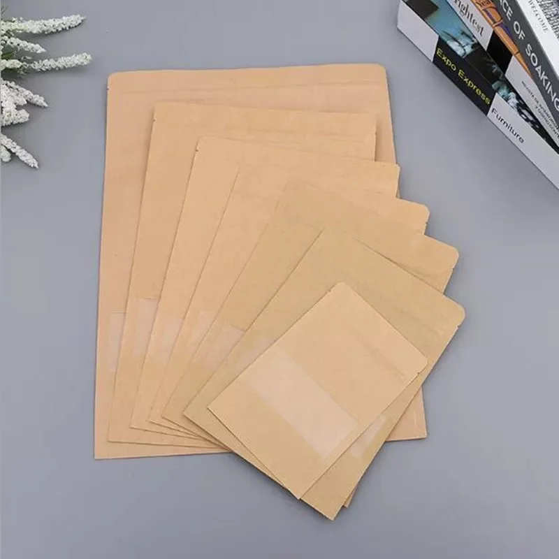 9*14 пакеты с застежкой-молнией для упаковки сухих продуктов из крафт-бумаги, стоячие мешочки с прозрачным окном