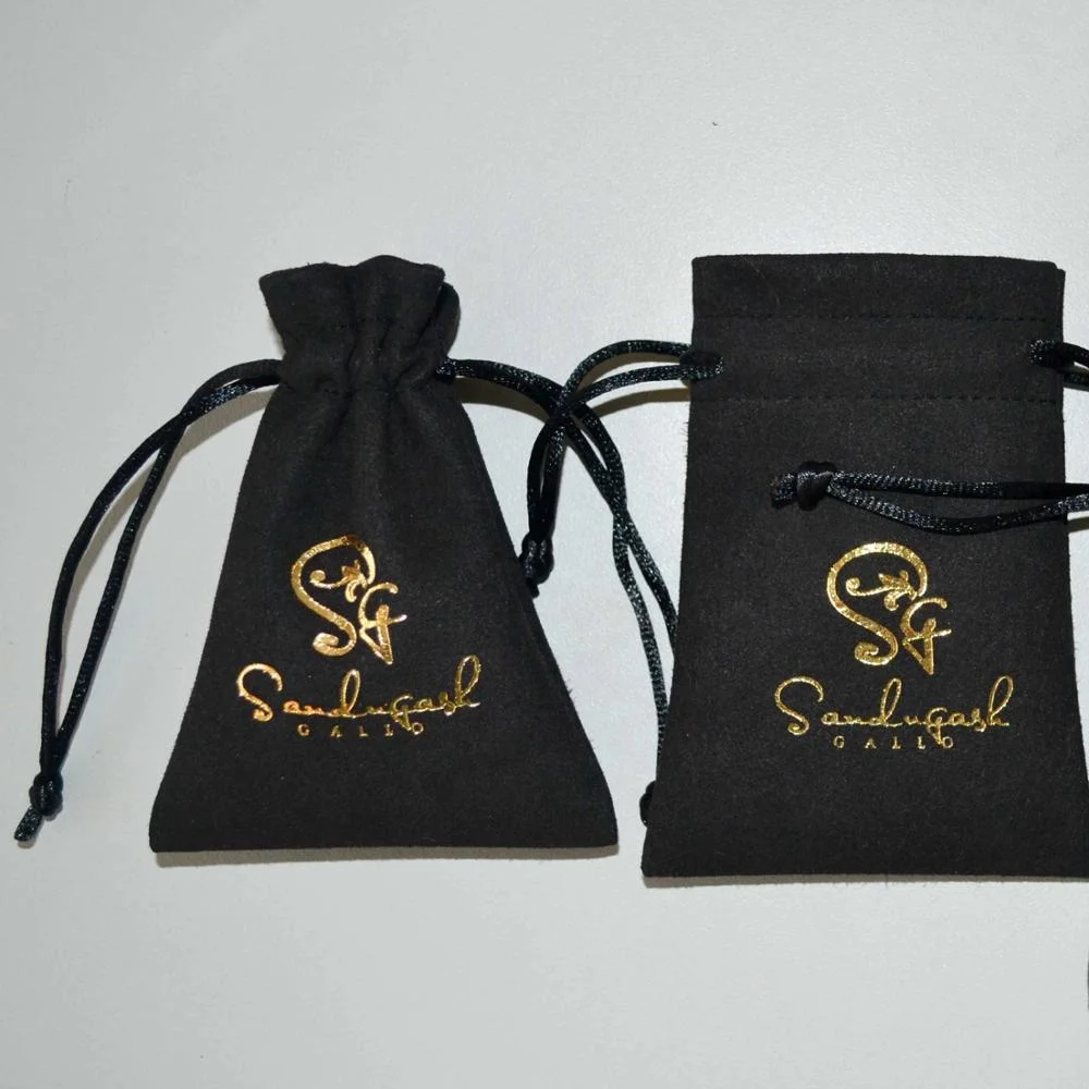 
Оптовая продажа кожаный мешок ювелирных изделий Золотая фольга логотип drawstring сумка из замши 