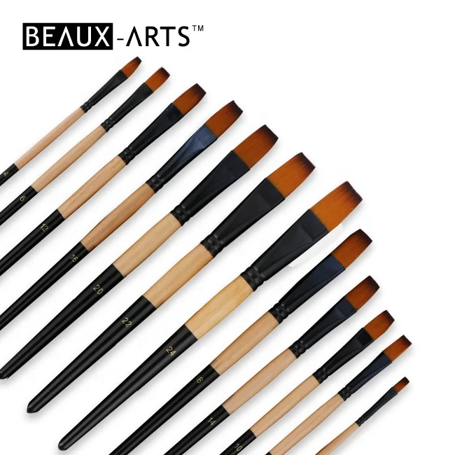 Flat Bicolor Synthetic Artist Brush Acrylic Painting Brushes with Black Aluminum Ferrule and Wooden Handle
