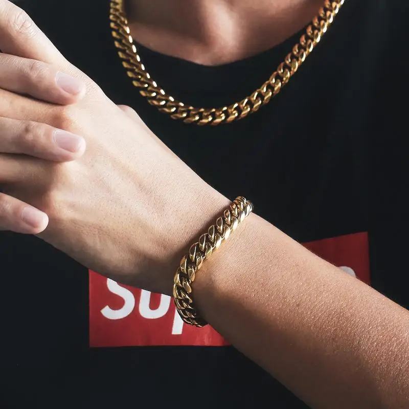 
KRKC&CO 10mm Men Hip Hop Set 18K Gold Plated 28inch Stainless Steel Cuban Link Chain and 8.5inch Miami Link Bracelet Set 