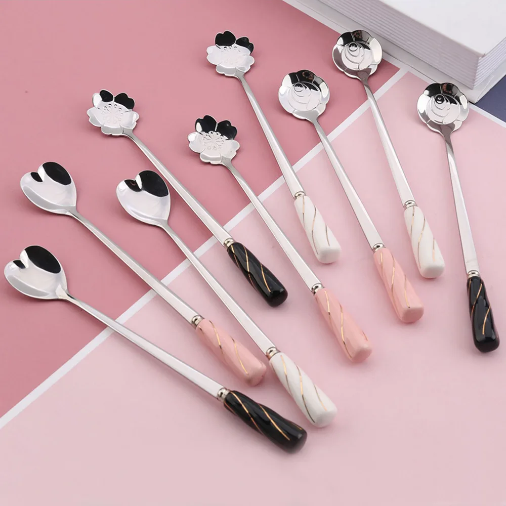 Ceramic handle Mug flower milk/tea/ coffee stirring spoon Golden Cherry rose spoon flower gift spoon