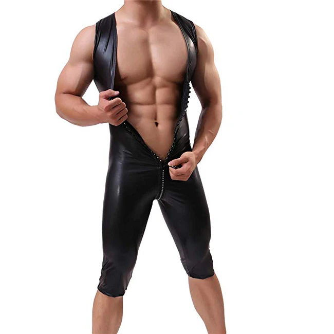 Mens Sexy PVC Leather short sleeves Catsuit Bodysuits Jumpsuit Black male Romper Adult Men