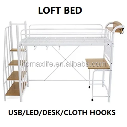 Modern space-saving japan white adult metal loft bed with desk and USD LED