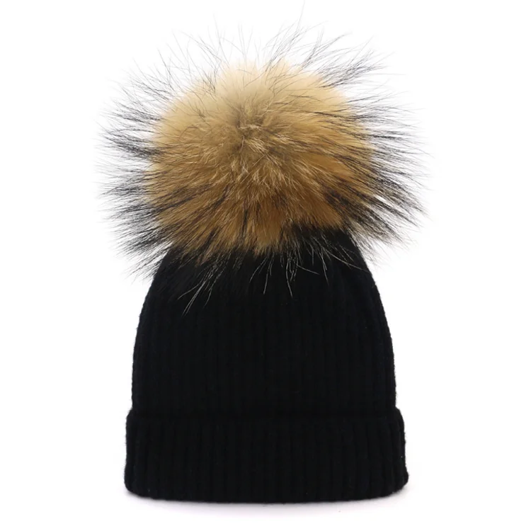 Custom real fur pom pom winter hat with detachable pompom beanie 100 soft acrylic ribbed beanie tuque