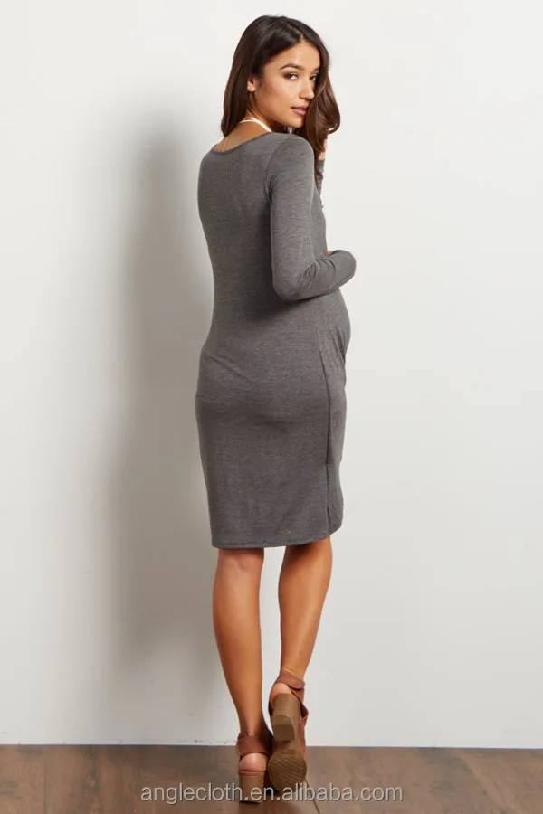 Charcoal Side Ruched Long Sleeve Maternity Dress