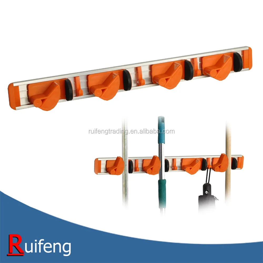 Wall mounted non slide mop broom holder and rake garden tool organizer