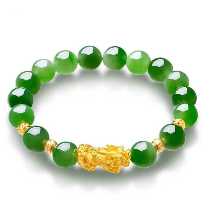 Chinese Styles Unisex Green Colorful Customized Beads Lucky 24k Gold Pixiu Bracelet